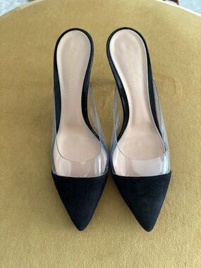 Gianvito Rossi Black Suede & Clear Panel Pointed Mules